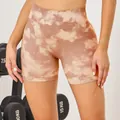 Short de fitness sans couture à taille haute pour femme avec motif tie-dye marron - S / Bas / Marron