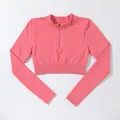 Top yoga corto senza cuciture rosa acceso a maniche lunghe con collo alto a mezza zip - Taglia S / Top / Rosa