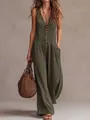 Boho λαδί ολόσωμη φόρμα με V λαιμόκοψη, βολάν και φαρδύ μπατζάκι - S / Τοπ Και Παντελόνι / Πράσινο του Στρατού