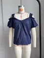 Camicetta blu navy con spalle scoperte e volant su maniche e scollo - Blu scuro