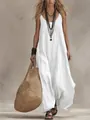 Vestido largo blanco bohemio sin mangas en lino fluido con bolso de paja decorativo - S / Arriba y Abajo (Estilo Chaleco) / Blanco