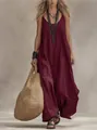 Elegante vestido largo bohemio burdeos sin mangas con joyas étnicas y bolso de paja - S / Arriba y Abajo (Estilo Chaleco) / Burdeos