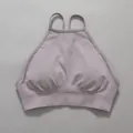 Seamless halter neck yoga bra in mauve cation fabric, comfortable sports crop top for fitness - S / Tops / Mocha (Triple Strap)