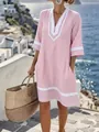 Pink and white striped V-neck bohemian beach dress cover-up with loose fit design - S / Top And Bottom / Pink