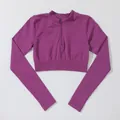 Top corto da yoga professionale viola senza cuciture a maniche lunghe con mezza zip - Taglia S / Top / Viola scuro