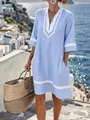 Bohemian blue and white striped V-neck beach dress for seaside vacation style cover-up - S / Top And Bottom / Navy Blue and White Stripes