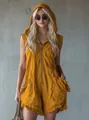 Detail showing a yellow hooded sleeveless cotton linen romper with a front zipper - S / Yellow