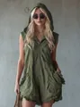 Detailed view of women's vintage green hooded sleeveless cotton linen romper jumpsuit - Army Green