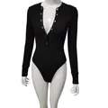 Slim fit long sleeve ribbed bodysuit with V-neck button detail in black. - S / Tops / Black