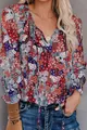 Detail of a vintage floral print V-neck blouse with ruffles for women’s casual wear. - S / Tops / Burgundy