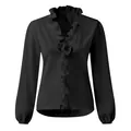 Elegant black long-sleeved blouse featuring stylish ruffled collar and front detail. - S / Tops / Black