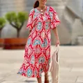 Böhmisches Midikleid mit geometrischem Druck, Puffärmeln und Volantsaum Detailaufnahme - Mandala Rot