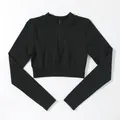 Top corto da yoga a maniche lunghe senza cuciture nero da donna con mezza zip frontale - Taglia S / Top / Nero