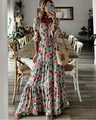 Bohemian floral V-neck maxi dress featuring an elegant tiered skirt design for spring - S / Top And Bottom / Red Blue Floral