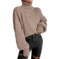 Nahaufnahme eines gemütlichen taupefarbenen Rollkragenpullovers mit grobem Strickmuster - S / Oberteile / Khaki