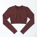 Crop top yoga bordeaux a maniche lunghe senza cuciture con pratica cerniera parziale - Taglia S / Top / Marrone