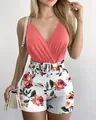Two-piece summer set with V-neck coral camisole and floral print shorts featuring a belt - S / Pink