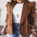 Elegant women's brown long sleeve blazer featuring trendy puff sleeves and lapel design - Khaki