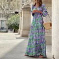 Elegant bohemian v-neck paisley print maxi dress with long sleeves and tiered skirt - S / Top And Bottom / Green