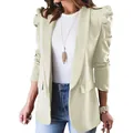 Front view of women's light beige blazer with puffed shoulders and lapel collar - S / Tops / Apricot