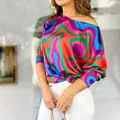 Vibrant geometric print off-the-shoulder long sleeve top for women with loose fit. - Colorful Lines