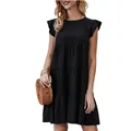 Vista dettagliata di una donna con un abito corto nero senza maniche a balze casual - Nero