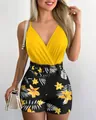 Elegant V-neck yellow camisole paired with floral print shorts and matching belt detail. - S / Yellow