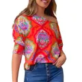 Vibrant women's one-shoulder loose blouse with intricate geometric mandala print - S / Tops / Mandala Red