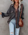 Distressed grey waffle knit button-up jacket with long sleeves for women street style. - S / Tops / Gray