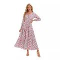 Elegantes Maxikleid im Bohème-Stil mit Paisley-Print, V-Ausschnitt und langen Ärmeln - S / Oberteil Und Unterteil / Fuchsia