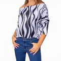 Detail shot of women's long sleeve top with black and white wavy geometric print - Black & White Stripes