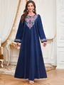 Detailed view of elegant floral embroidery and beadwork on navy blue long sleeve maxi dress. - M / Top And Bottom / Navy Blue