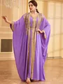 Detail view of purple ethnic kaftan with intricate gold sequin embroidery and appliques - M / Top And Bottom / Purple
