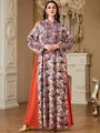 Elegant ethnic embroidered Jalabia long sleeve dress with vibrant print patterns - M / Top And Bottom / Orange