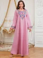 Detailed view of elegant pink ethnic gown with intricate floral embroidery and beading. - XL / Top And Bottom / Pink