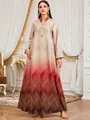 Full length elegant V-neck robe dress with wave print in luxurious interior setting. - M / Top And Bottom / Red