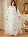 Elegant white Abaya dress with intricate gold leaf embroidery and a stylish V-neck design. - M / Top And Bottom / White