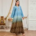 Elegant full-length Kaftan dress featuring a blue and brown gradient wavy print design - M / Top And Bottom / Blue