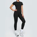 Women's two-piece black yoga set featuring short-sleeve top and high-waist leggings - S / Top And Bottom / Black