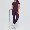 Women's dark purple yoga set with short sleeve top and high waist leggings for fitness - S / Top And Bottom / Plum Purple