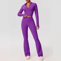 Paars tweedelig yogapak met jack met rits en broek met wijde pijpen - S / Boven- En Onderstuk / Neonpaars