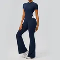 Navy blue short sleeve yoga jumpsuit with flare legs and functional side pocket - S / Top And Bottom / Navy Blue