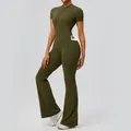 Olive green short sleeve yoga jumpsuit with functional pocket and micro-flare leg - S / Top And Bottom / Olive Green
