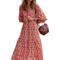 Elegantes Boho-Maxikleid mit geometrischem Patchwork, Puffärmeln und tiefem V-Ausschnitt - Orange-Rote Raute