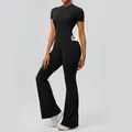 Black short sleeve yoga jumpsuit with flared legs and functional side phone pocket - S / Top And Bottom / Black