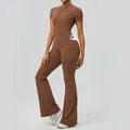 Professional brown short sleeve yoga jumpsuit with side pocket and flared legs. - S / Top And Bottom / Caramel Brown
