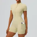 Combinaison de yoga sportive à manches courtes avec fermeture éclair et poche en beige - Abricot