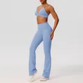Lichtblauw yoga setje met sport-bh en uitlopende sportlegging met hoge taille - S / Boven- En Onderstuk / Mistblauw