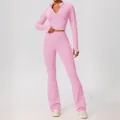 Roze yoga-set met ritsjas en lange mouwen en uitlopende yoga-broek met hoge taille - Begoniaroze