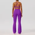 Paars yoga-set met uitlopende legging met hoge taille en sportbeha voor dames fitness - S / Boven- En Onderstuk / Neonpaars